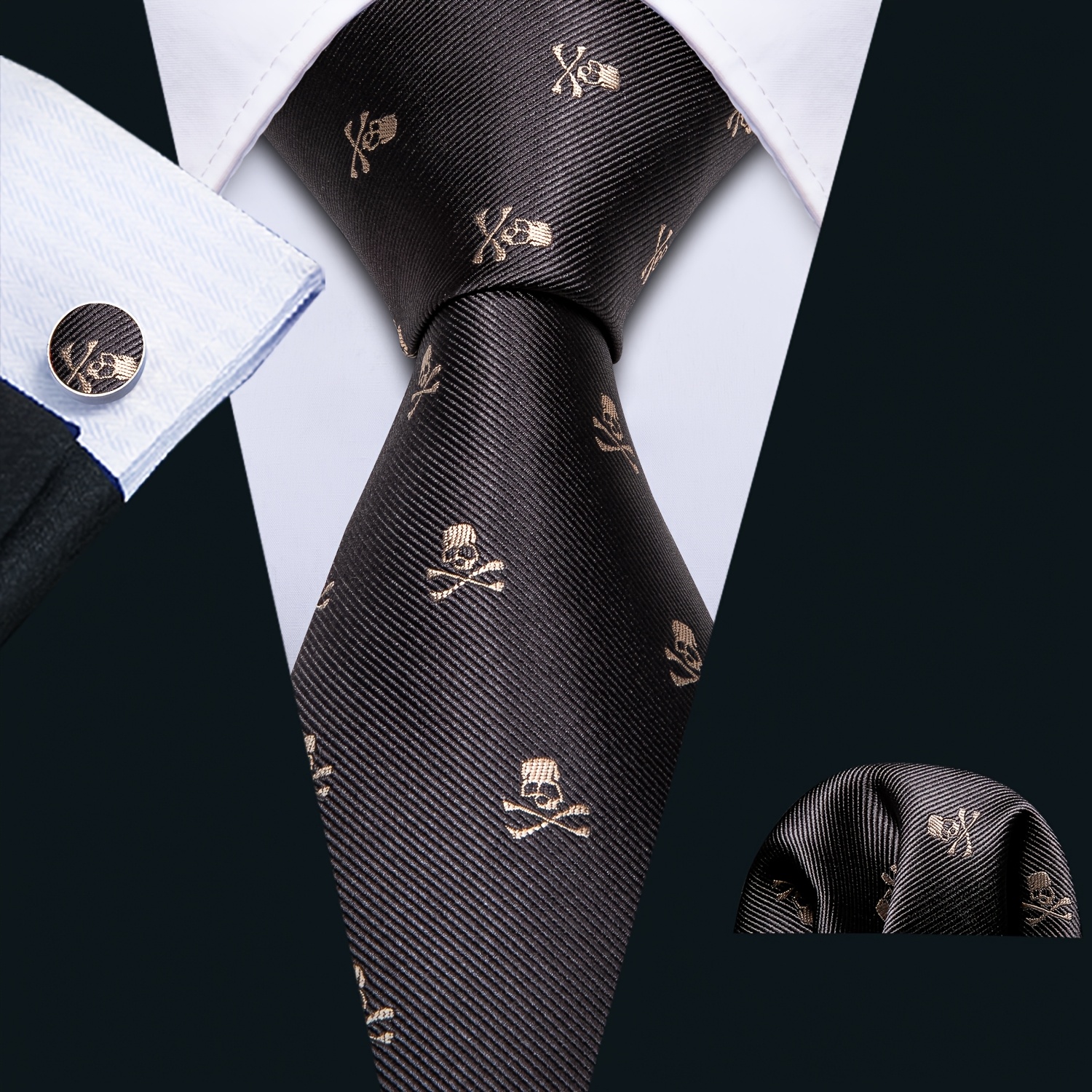 Image of Men's Brown Skull Necktie With Matching Pocket Square & Cufflinks - Solid Color Business Dress Accessory, Elegant Formal Party Wedding Suit Tie For Professional Attire -
