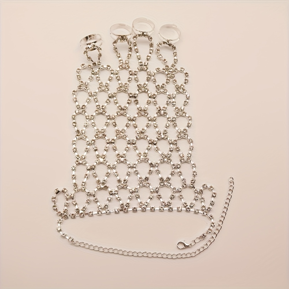 Claw Chain Rhinestone Mesh Hollow Bracelet with Shiny Ring Hand Chain