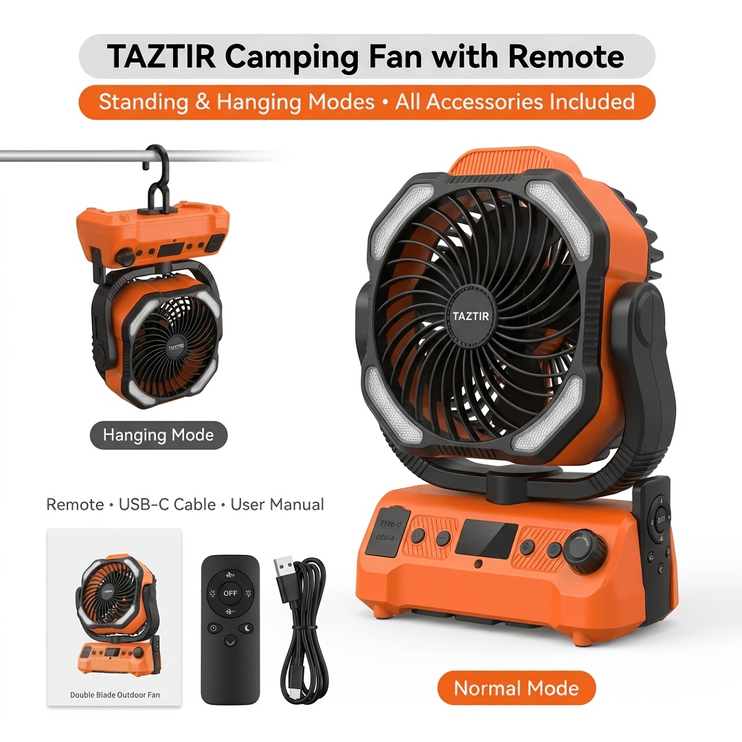 TEMU [solar Mist Fan] 20000mah Battery Powered Camping Fan - Dual Motor, Automatic (45°-90°), 1-100 Speed With Remote Control & 5 Led Lanterns, Power