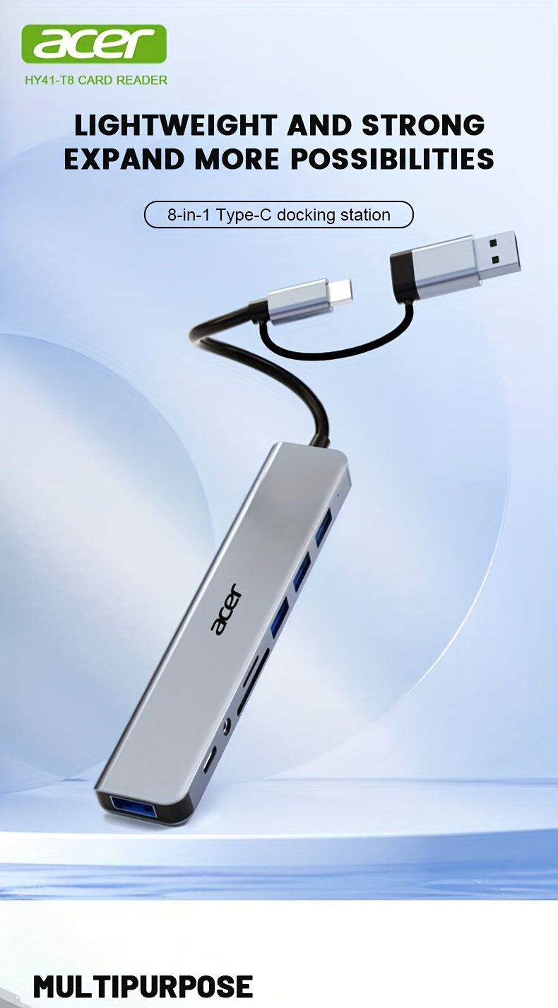 Acer HY41-T8 8-in-1 USB-C/USB Dual Interface Expansion Dock with 480Mbps Speed, USB-C Type-C/USB-C Dual Ports, Usb-c Hub
