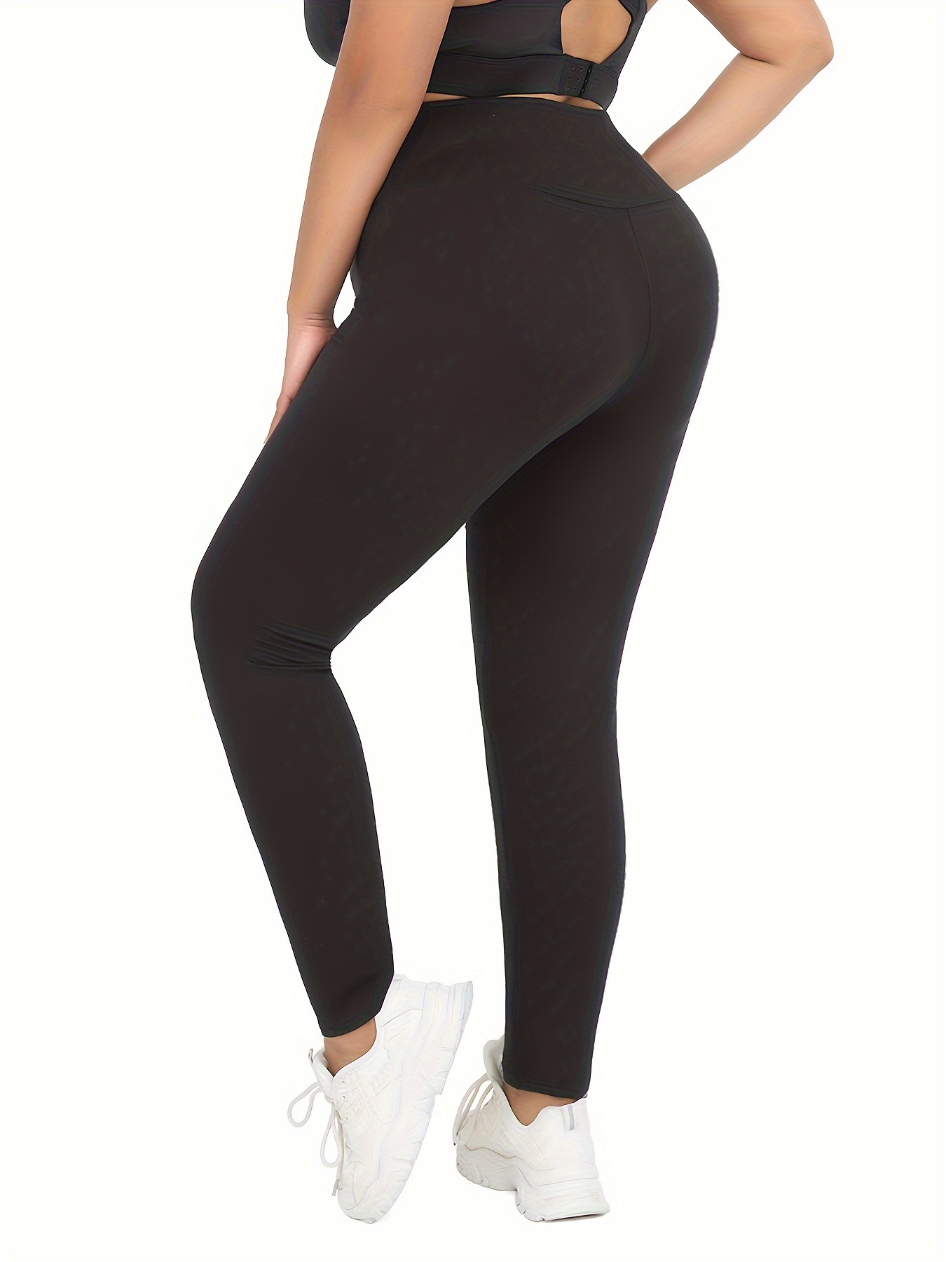 Plus Size Sports Leggings, Women's Plus Solid High Waisted Tummy