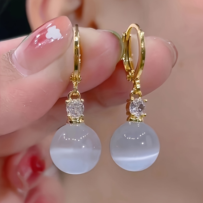 TEMU 1 Pair Elegant Retro Round Stone Pendant Earrings - Kc Golden-plated Minimalist Y2k Style Dangle Earrings With Effect, Versatile For Daily Wear,