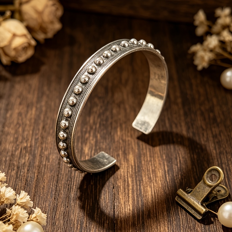 TEMU 1pc Vintage Bohemian Cowboy Style Bead Embossed Open Alloy Bangle