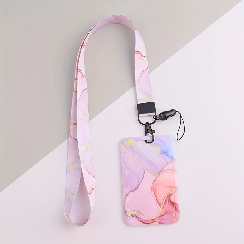 E-shop 2D Stilvoller Marmor-Muster ID-Halter mit buntem Lanyard – Langlebiger Kunststoff-Kartenorganizer für Schüler, Arbeit Fahrkarten – Ideal für