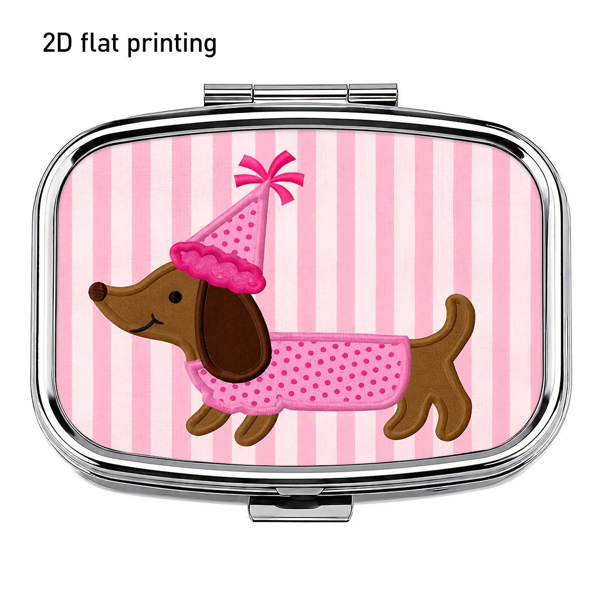 TEMU 1pc, 2d Flat Printing, Pink Striped Dachshund Pattern Square Metal Pill Box, 2-compartment Portable Organizer, Medicine Vitamin Storage, Compact