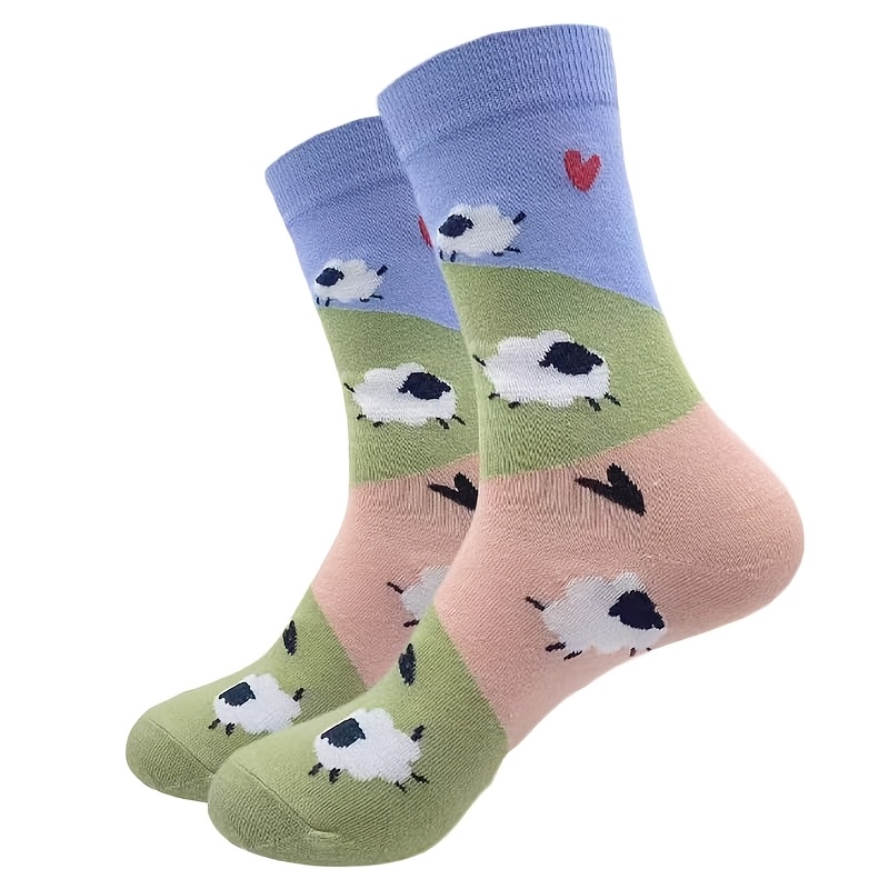 TEMU A Pair Of Fresh And Unisex Mid-calf Socks With Sheep Pattern, Comfortable, Breathable, Casual, Versatile, And Fashionable