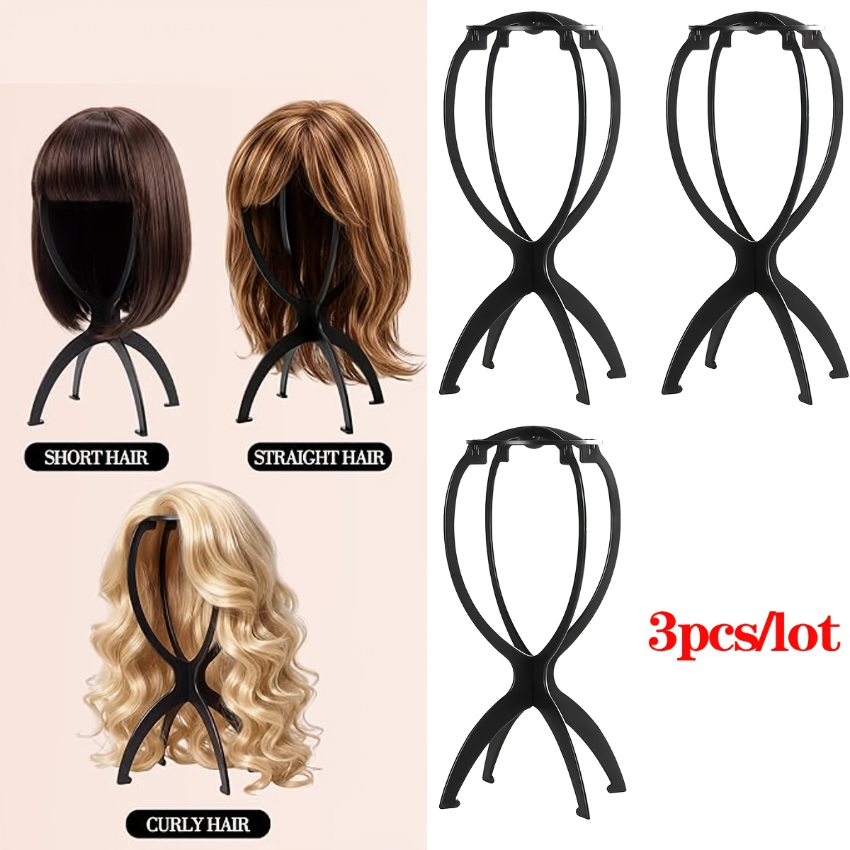 TEMU Support porte-perruque en plastique, trépied portable noir pour présentoir de perruque, tête de mannequin légère et amovible pour perruques en