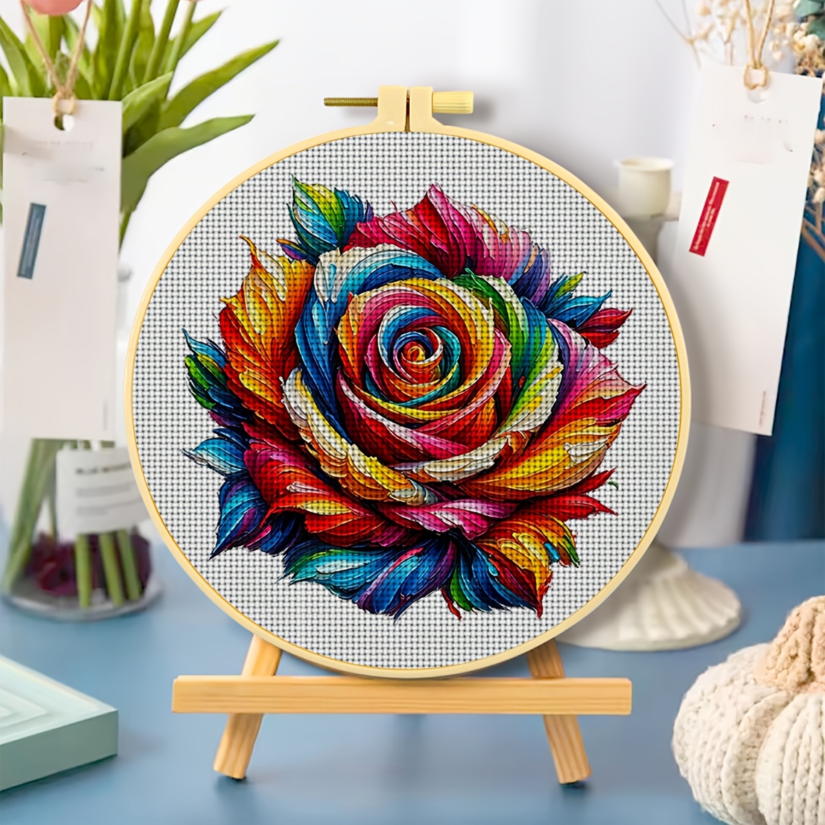 Round Cross Stitch Printed Kit with Hoop, "Rainbow-Colored Artistic Rose" Pattern