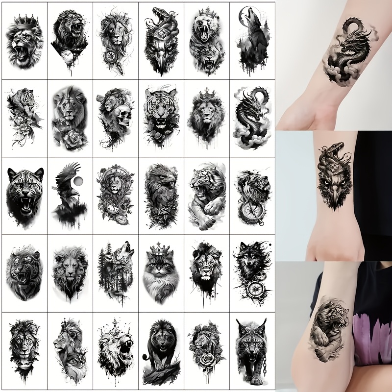 Image of Element Temporary Tattoo Stickers, Wolf Snake Dragon Eagle Designs, Waterproof Realistic Makeup Fake Tattoos Suitable For Men