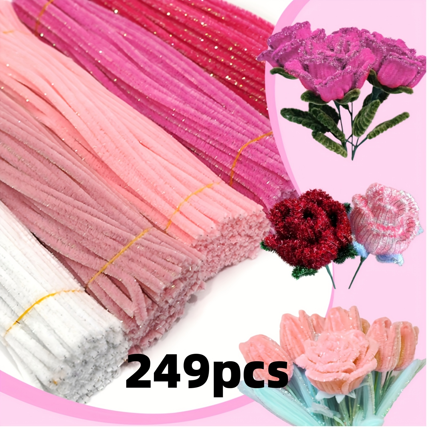 249/499pcs Pipe Cleaners, Luxury Handmade Set With 5 Different Combinations Of Pink And White Chenille Stems, Glitter Pipe Cleaners, Diy Handmade Set