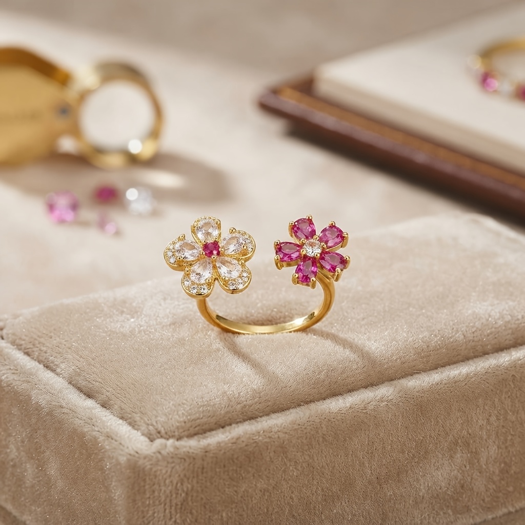 Women's Two-tone Flower CZ Adjustable Open Ring, Elegant Gift