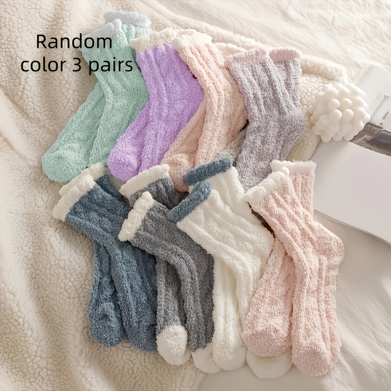 TEMU 6pcs (3 Pairs) Ladies Fleece Socks - Fleece, Rib Trim, Light Color, Machine Washable Indoor And Outdoor Comfortable Plush Socks, Soft Texture, ,