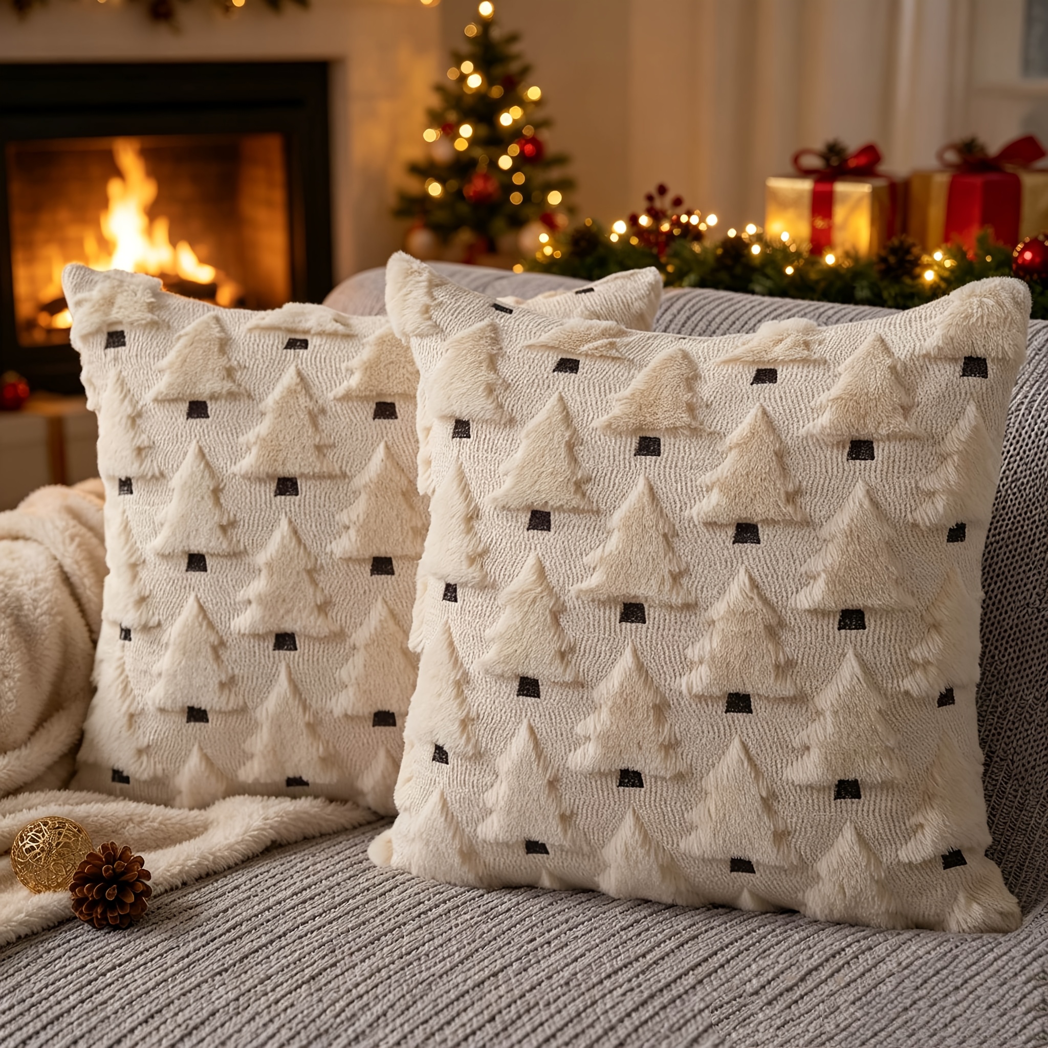 TEMU 2pcs 3d Embroidered Short Plush Christmas Tree Pillow Covers, Beige Christmas Tree Decoration Pillowcase, Soft And Comfortable Plush Christmas