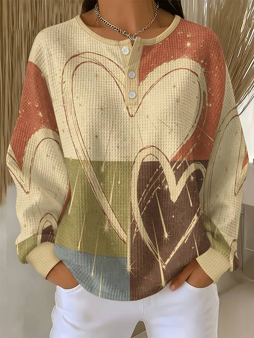 vintage color block hand and starlight button loose waffle womens long sleeve shirt