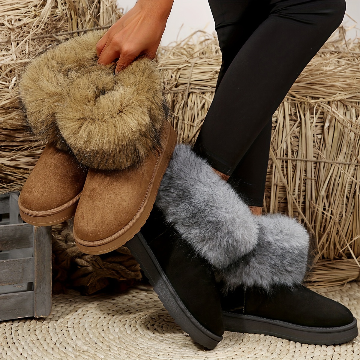 

Women's Furry Flannel-lined Ankle Booties With Round Toe And Pull-on Closure, Fashionable Warm Platform Heel Boots With And Mid Heel - Hand Washable Or , Random Print Detail