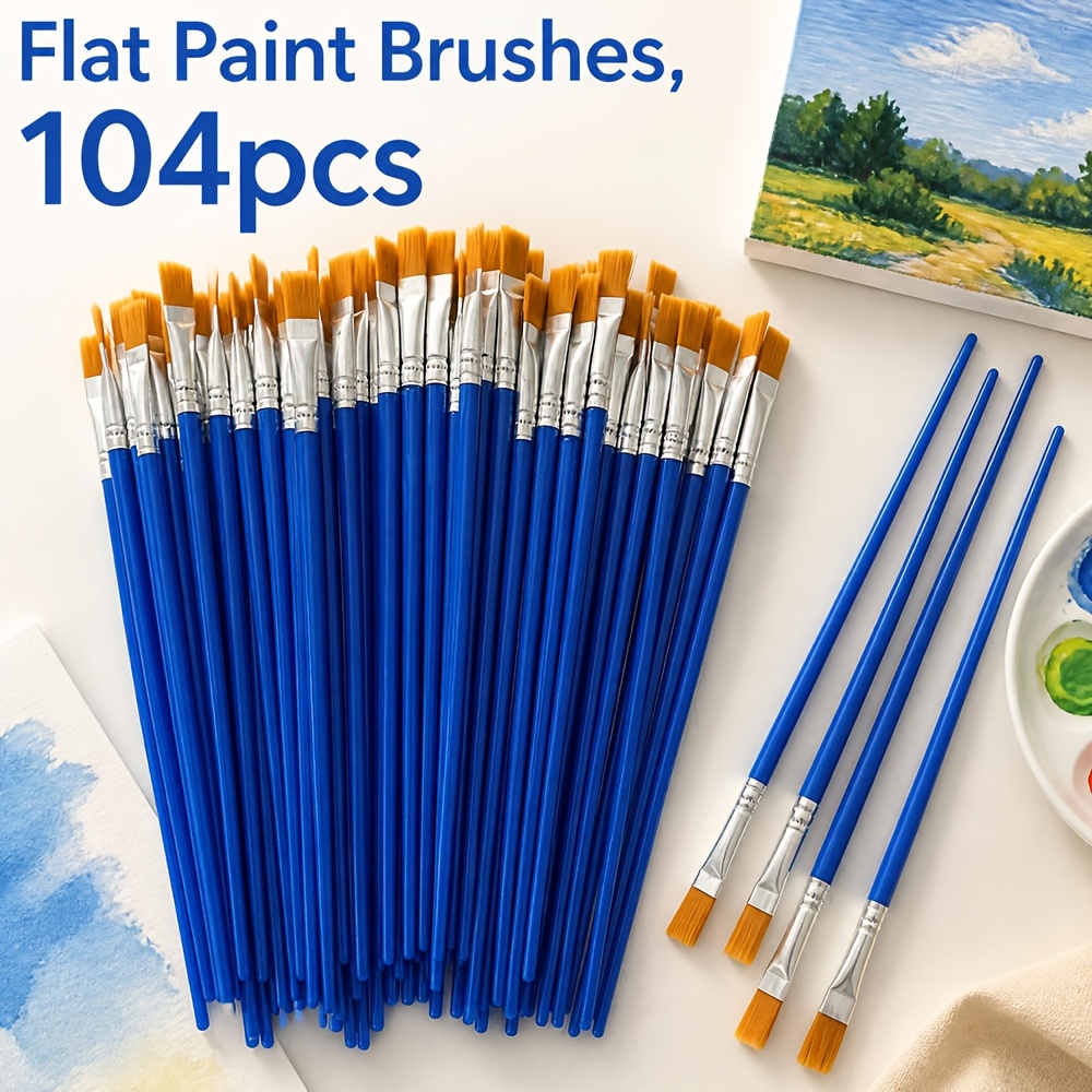 TEMU 104pcs Flat Paint Brushes Set, Nylon Hair Art Painting Brushes With Blue Long Handles, Bulk Artist Paintbrushes For Acrylic Watercolor Oil