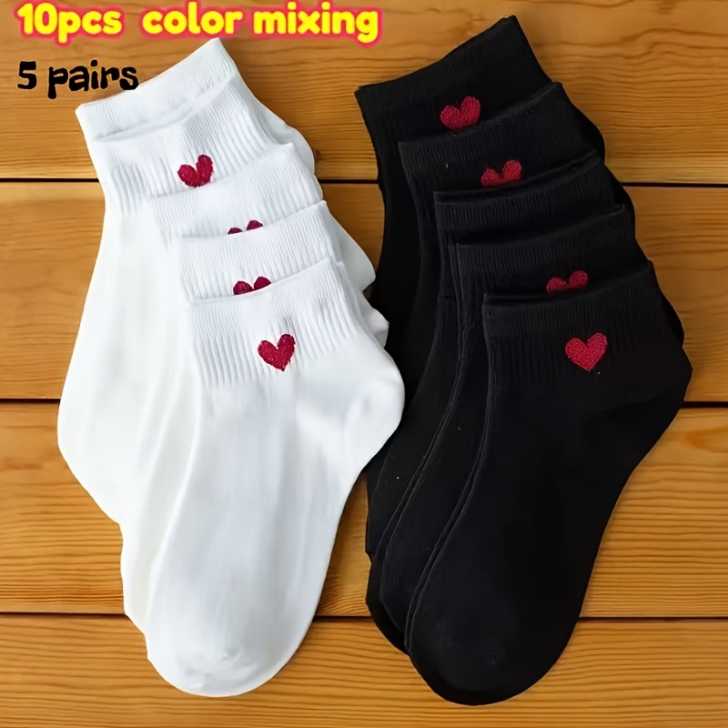E-shop 10 Stück/5 Stück hochwertige Socken, Schwarz-Weißes Herz-Muster, Das Design strebt nach weichen, atmungsaktiven, feuchtigkeitsableitenden,