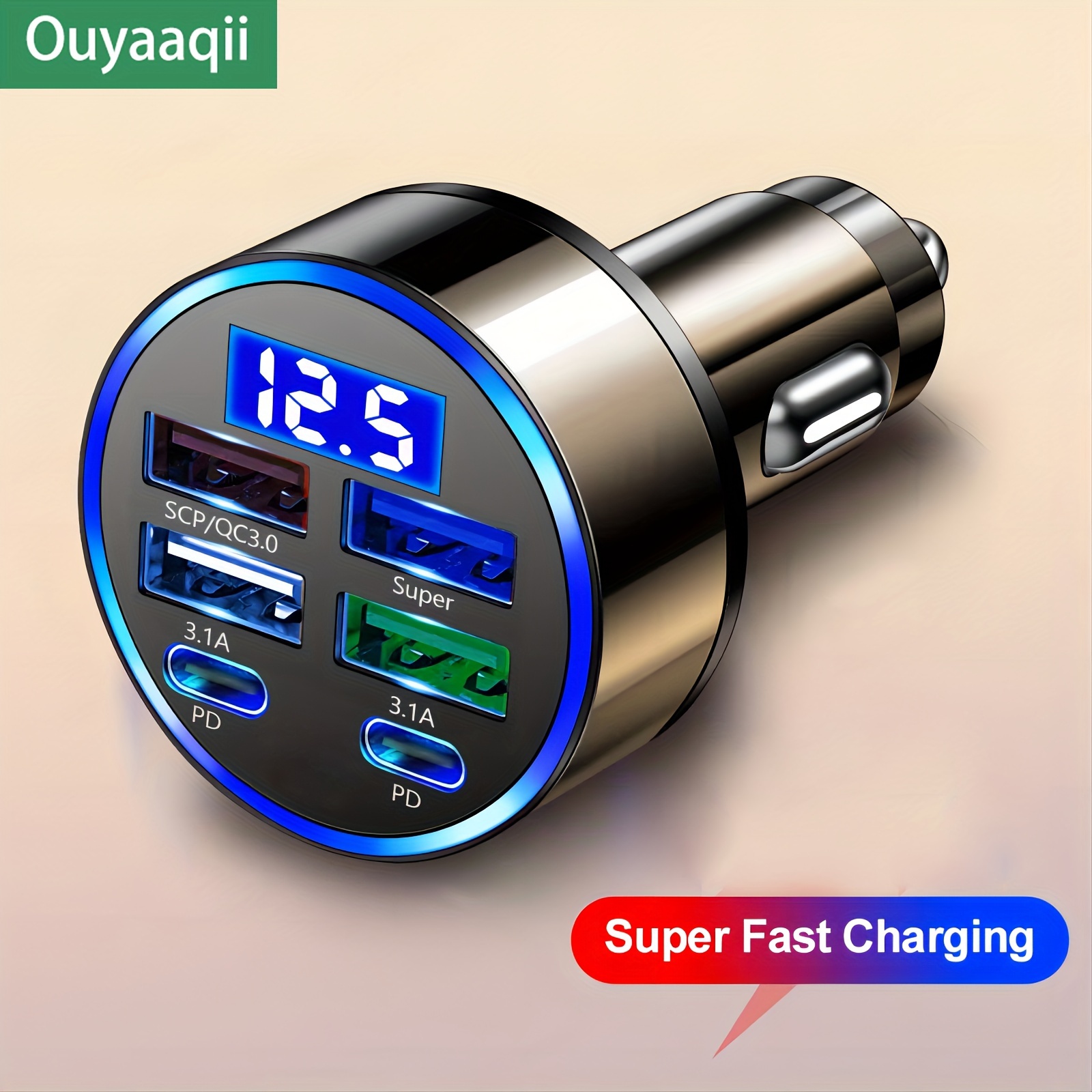 Car Charger With QC3.0 Fast Charging, 1 To 6 Multi-functional Car Adapter With PD Flash Charging And Digital Display