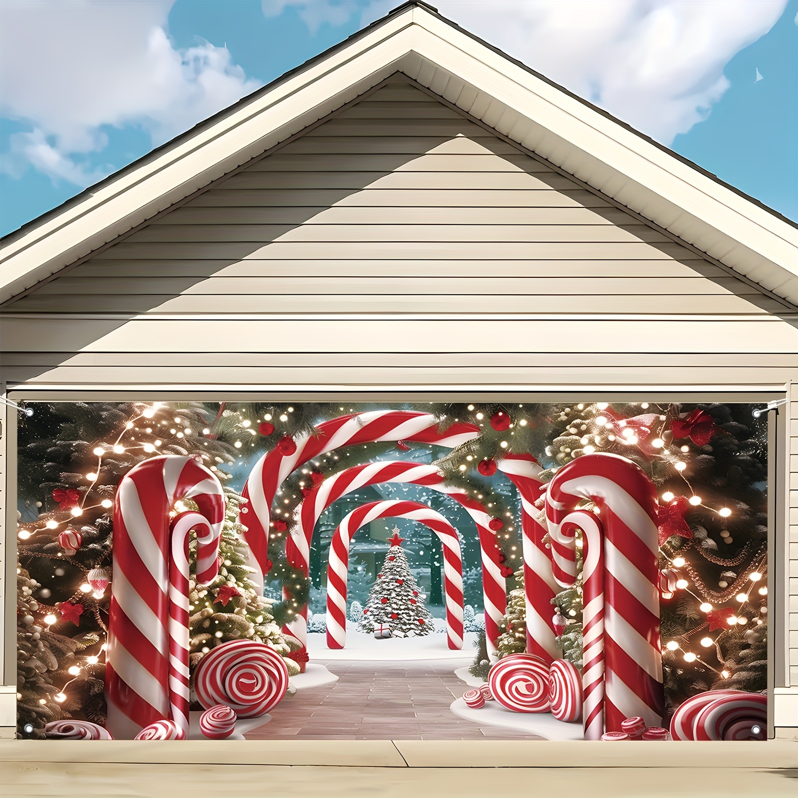 

Christmas Garage Door Banner Decoration, Candy Cane And Christmas , 100% Polyester 100d Fabric, Large Size 71"x157", Multipurpose Decor For Home, Wall, Yard, Use Without Electricity - 1pc