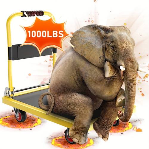 heavy duty foldable trolley 500 700 800 900 1000 pound capacity space saving foldable platform with rotating push handle and iron flat plate durable suitable for home and office use black and yellow