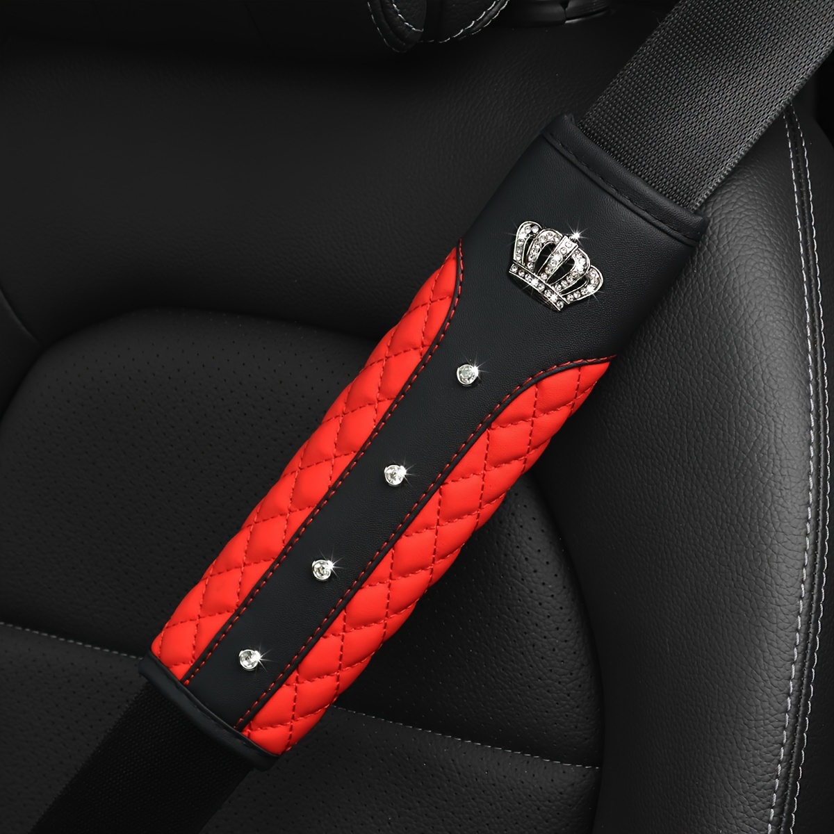 

Luxury Bling Car Seat Belt Cover With Rhinestone Crown, Embroidered Faux Sheepskin, Comfortable Sponge Padding - Fit Leather Car Seat Covers Car Accessories Interior Seat Covers