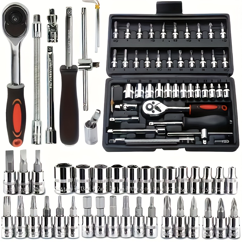 TEMU 46pcs Automotive Mechanical Tool Kit - High-quality Ratchet Wrench And Assorted Screwdriver Set - , Solution For Car, Bike, And Motorcycle Maintenance