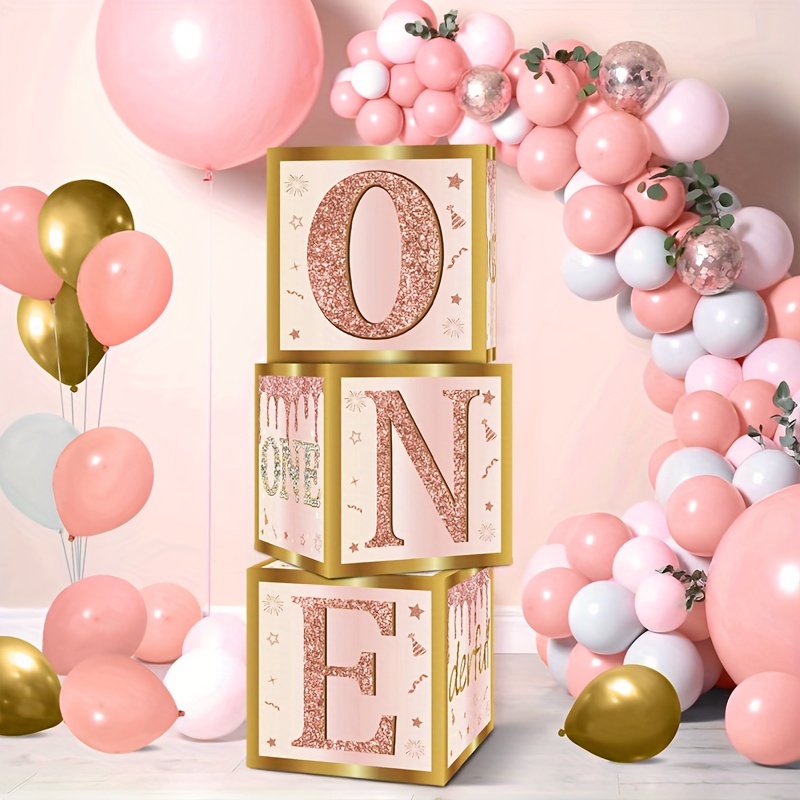 

3pcs 1 Letter Pink Birthday Box 27cm 1st Birthday Baby Shower Decoration Balloon Box First 1 Year Birthday Party Decor Gender Reveal Baptism Decor Building Box