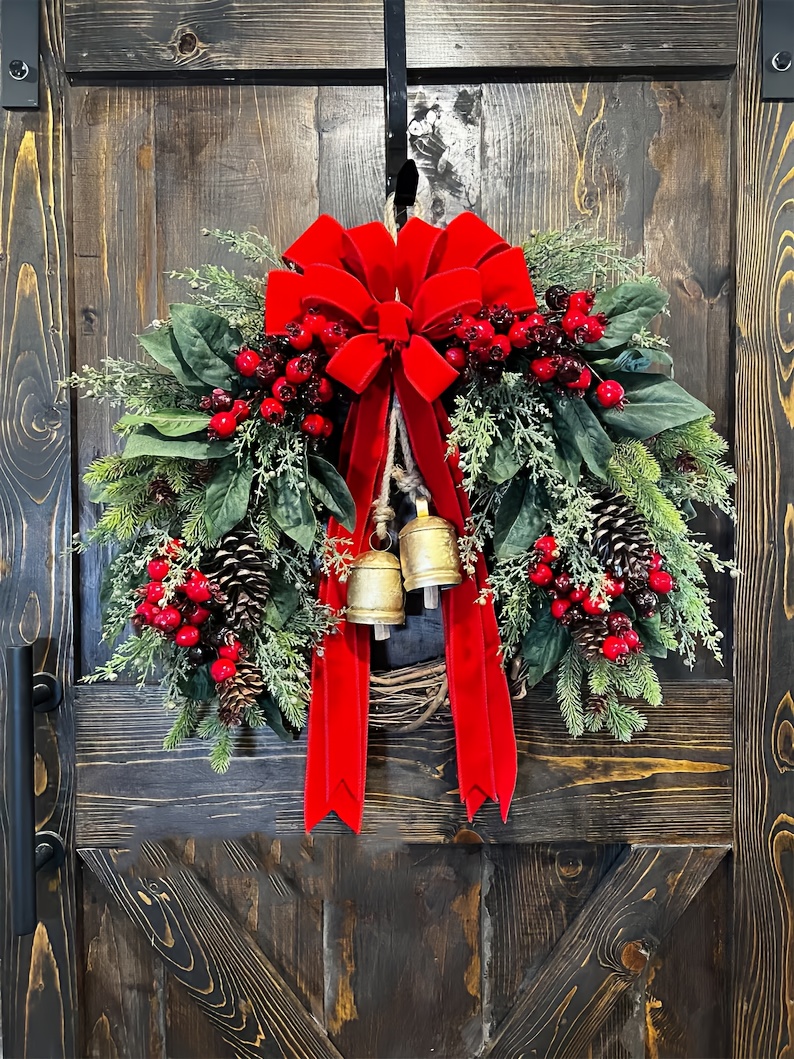 Large Rustic Farmhouse Christmas Wreath with Golden Bells, Red Berries & Pine Cones - Heavy-Duty Plastic /Outdoor Door Hanging Decoration, Burgundy Bow & Green Foliage for Front Door, Mantel, Year-Round Holiday Décor (Golden/Green)