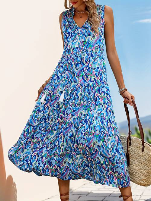 spring womens sleeveless bohemian style fringed tie up printed dress