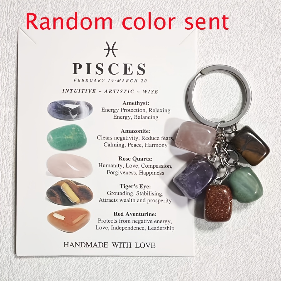 TEMU Christmas Gift, Natural Stone Zodiac Keychain, 12 Constellation Crystal Keyring, Handmade Gemstone Car Key Charm, Astrology Spiritual Gift For