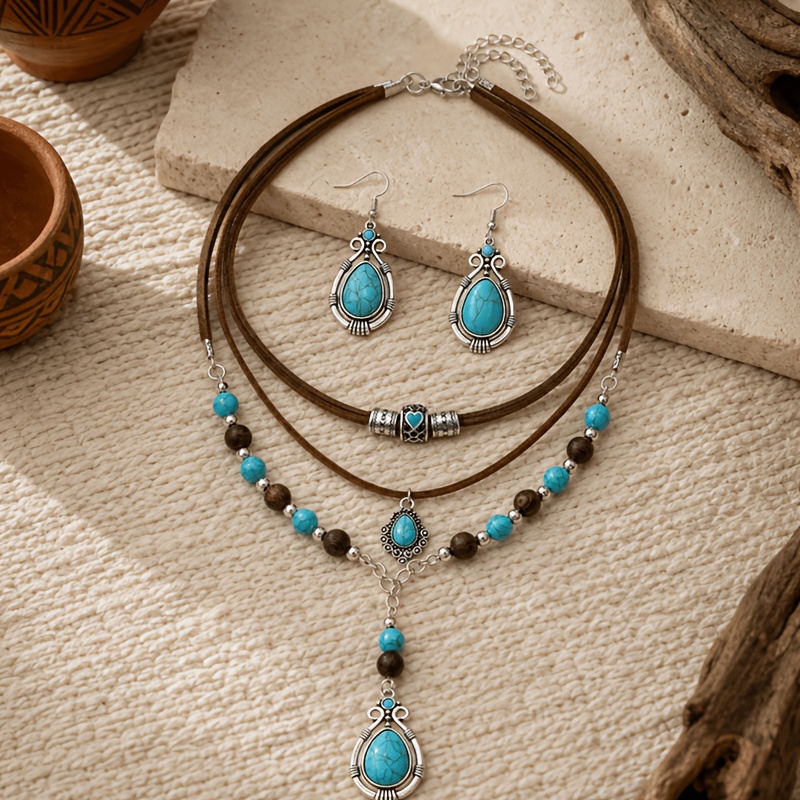 TEMU Parure de collier et boucles d'oreilles bohème à plusieurs niveaux et empilables, style western ethnique vintage, pendentif de à veines bleues,