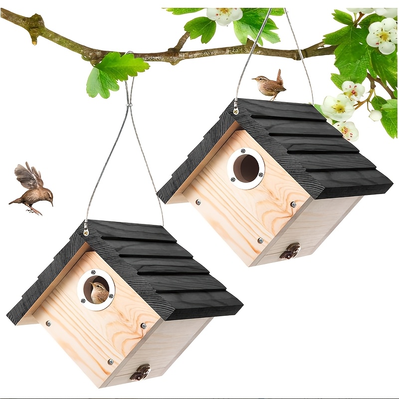 Image of 2 Pack Rustic Wooden Bird House, 18cm X 12.5cm X 12.5cm, Hanging Bird Houses For Outside, , Air Vents, Entrance Hole, Ideal For Chickadees, Hardwood, No Electricity Or Battery Required