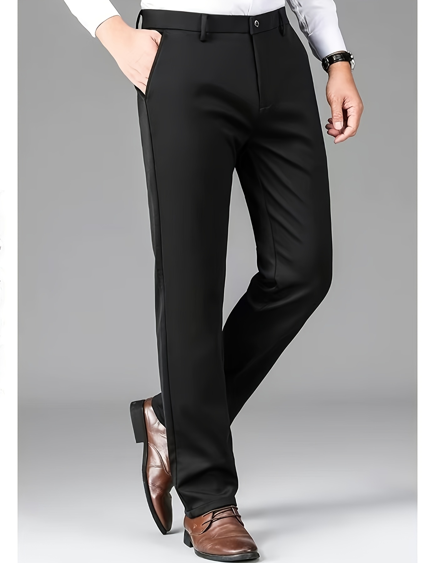 Men's High Elasticity Wrinkle-Resistant Straight-Leg Dress Pants - All-Season Machine Washable Business Casual Trousers with Crown & Dahlia Design, High Waist, Button & Zipper Closure, Professional Wear, Classic Style, Quality Craftsmanship, Stylish Men