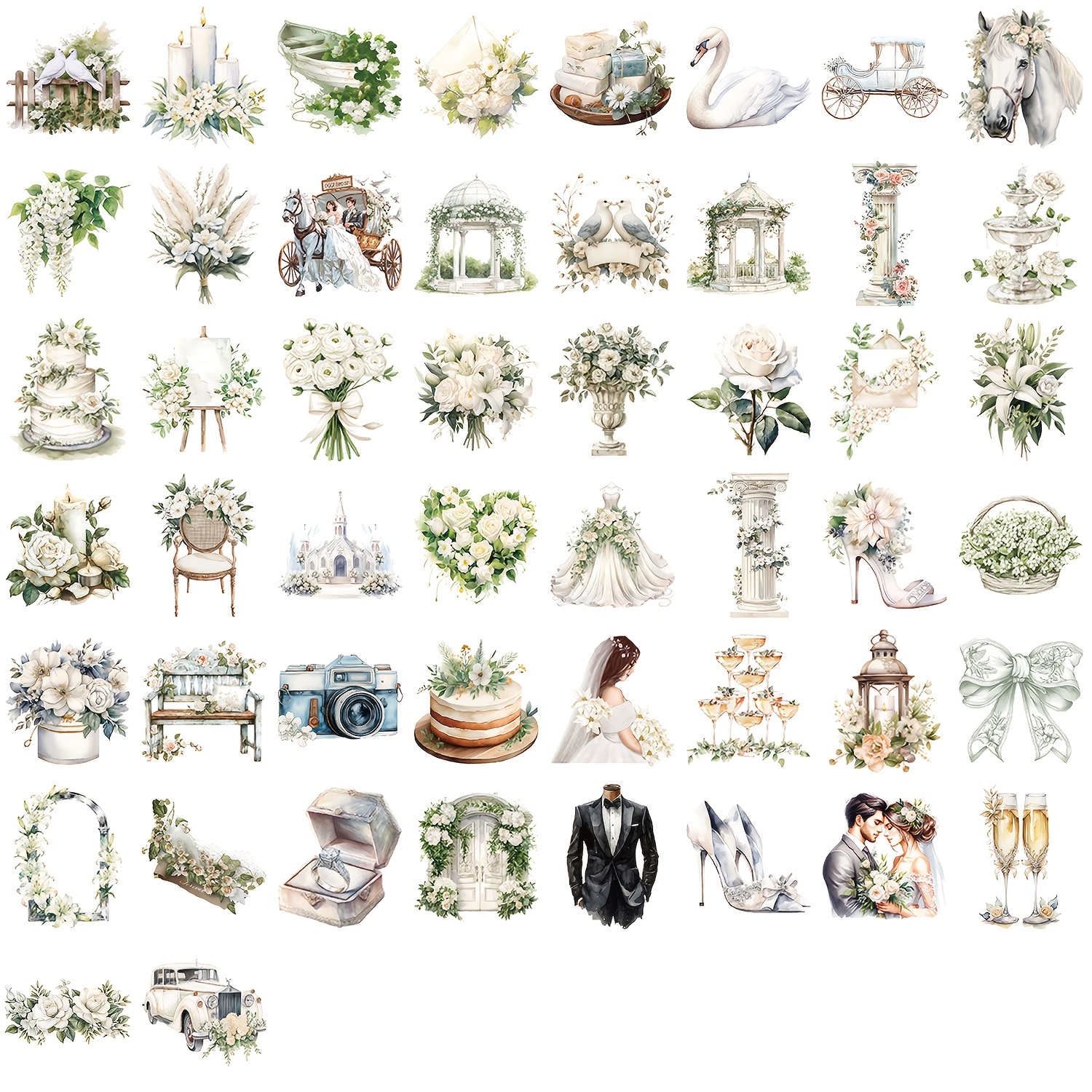 Image of 50pcs Vintage Floral White Wedding Stickers Fashion Creative Trend Fine Decorative Stickers Laptop Luggage Guitar Phone Case Popular Decals