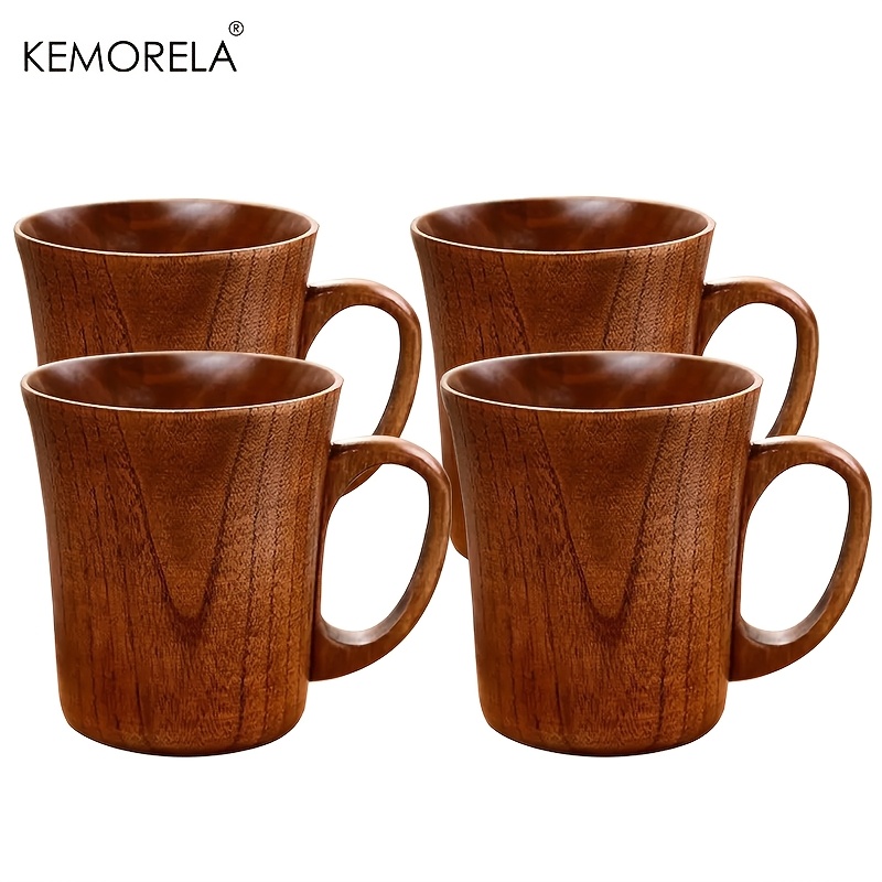Image of Kemolela 2/4pcs Wooden Coffee Cups Tea Cups With Handle, Wood Outdoor Travel For Man Mug Tea Camping Cup, Drinking Wood Mugs For Beer Coffee Milk Water