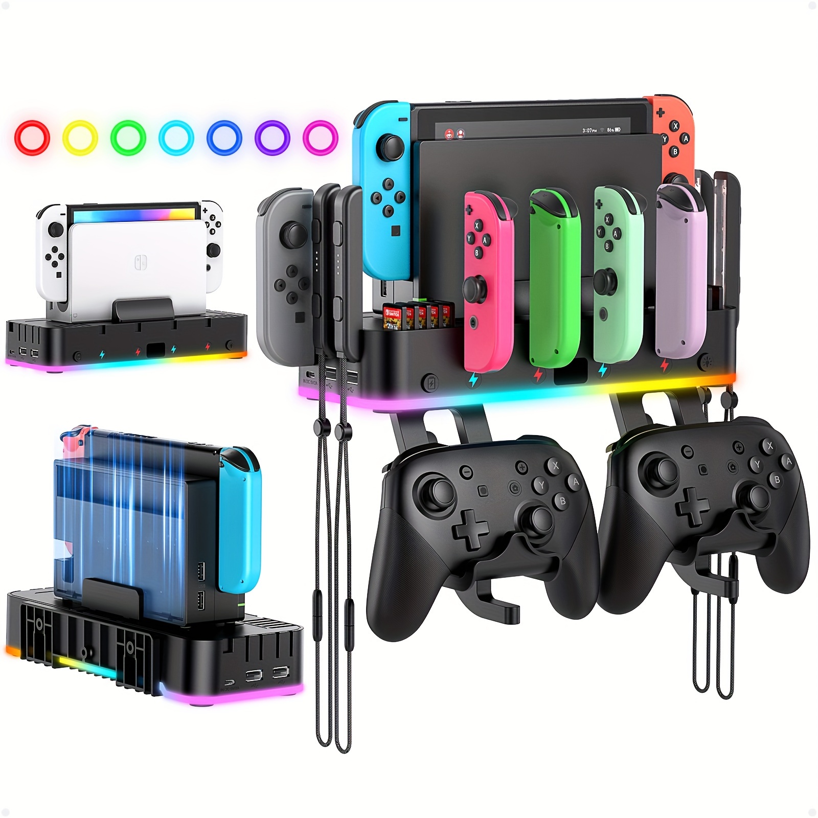 

Rgb Switch Wall Mount With Charger, Switch Holder Switch/ Oled With Switch Organizer, Switch Accessories With 4 Controller Charger, 15 Light Mode, 10 Card Slot, 2 Usb Port