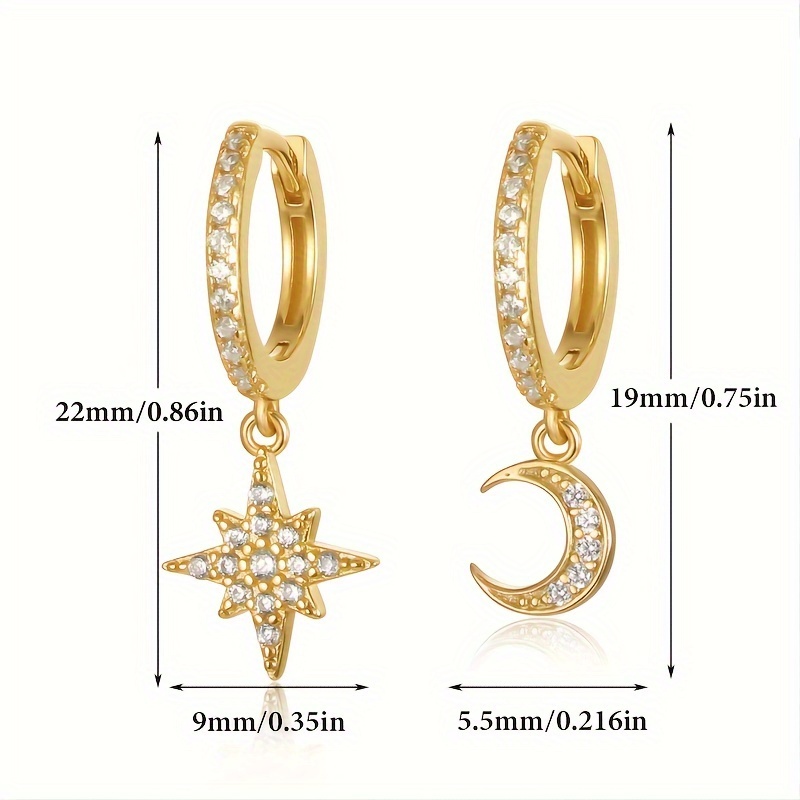 Women's Asymmetrical Star and Moon Stud Earrings, S925 Sterling Silver