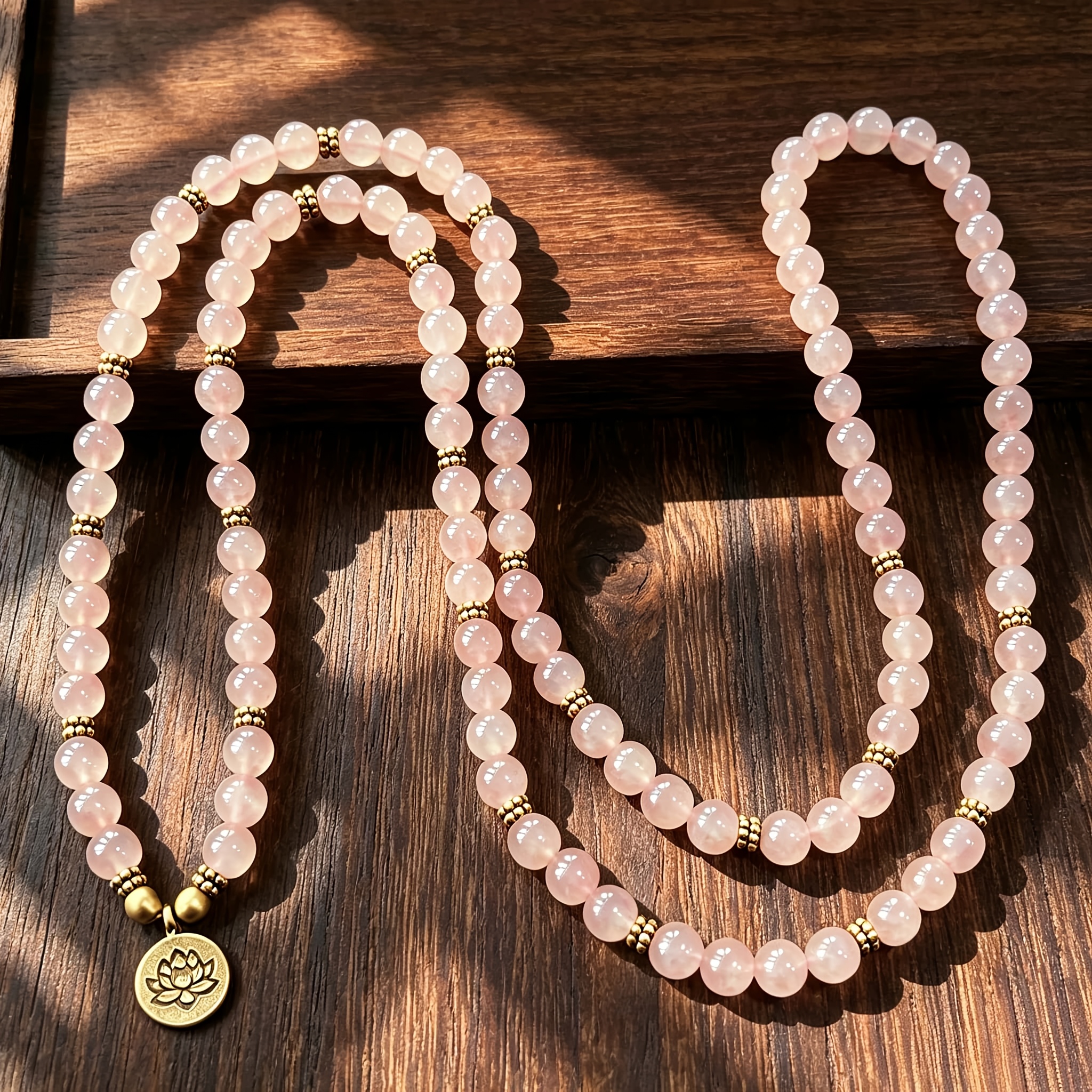 TEMU 1pc Natural Pink Crystal 108 Multi-circle Bracelet, Vintage Lotus Pendant Stackable Bracelet, Harvest , Suitable For Daily Commuting - An