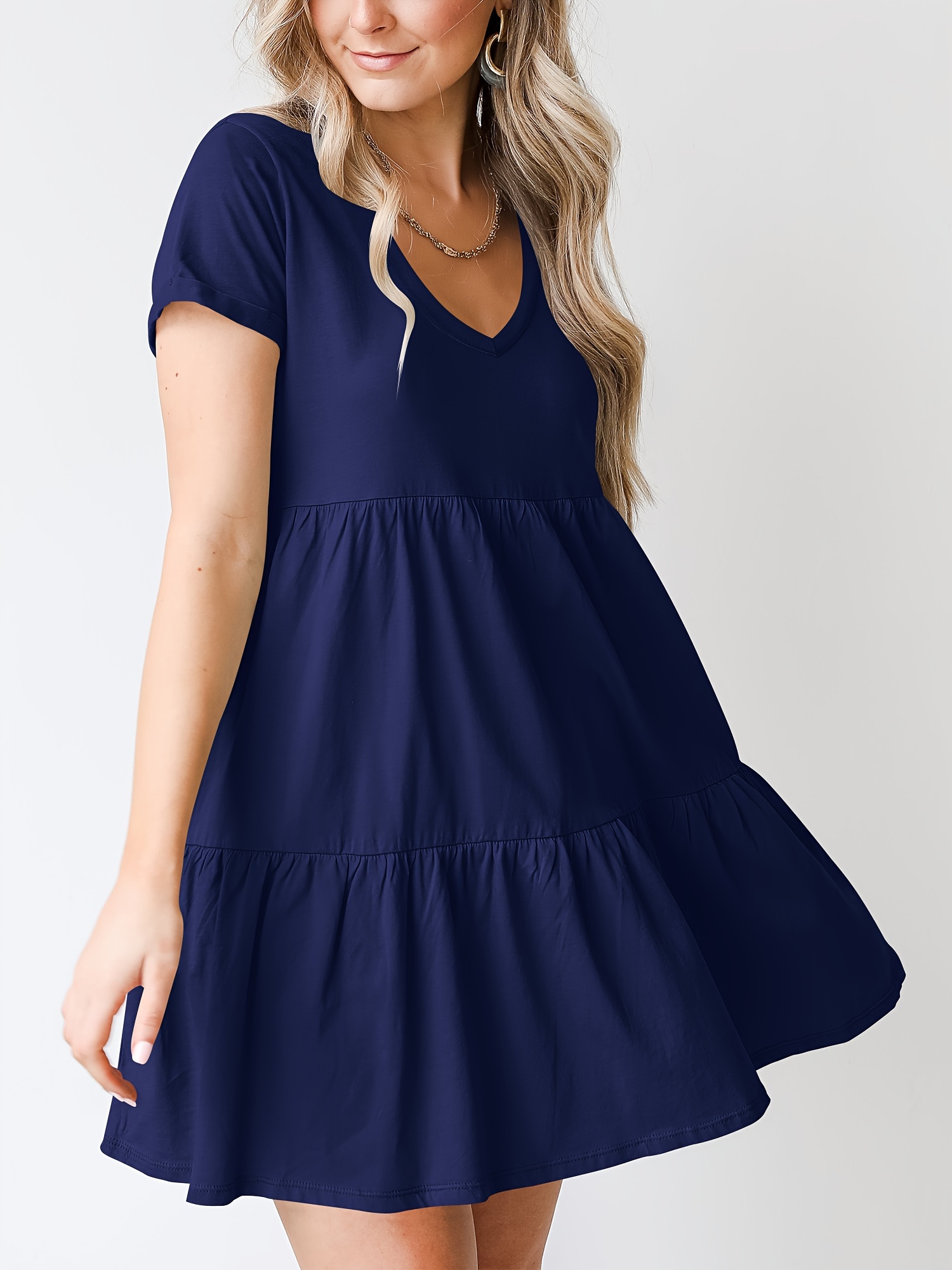 womens v neck short sleeve tiered mini dress pockets casual - Temu
