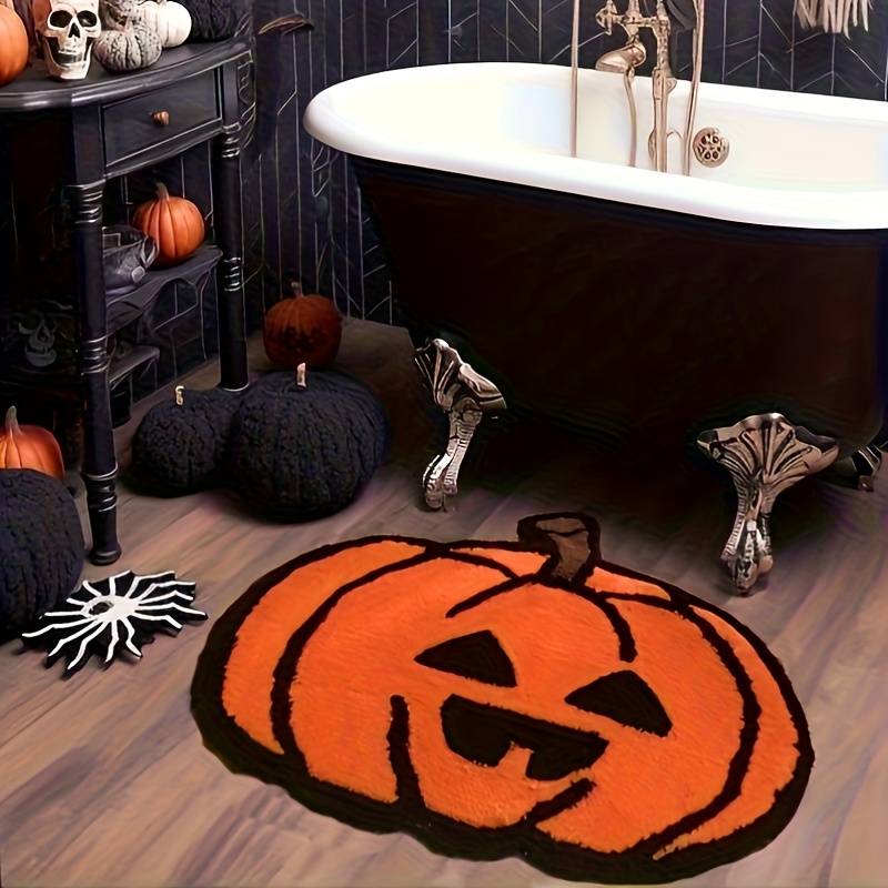 TEMU Halloween Pumpkin Bath Mat, Velvet Non-slip Rug, Hand Washable, Soft Absorbent Bathroom Carpet, Machine-made, Festive Decor For Kitchen, Living