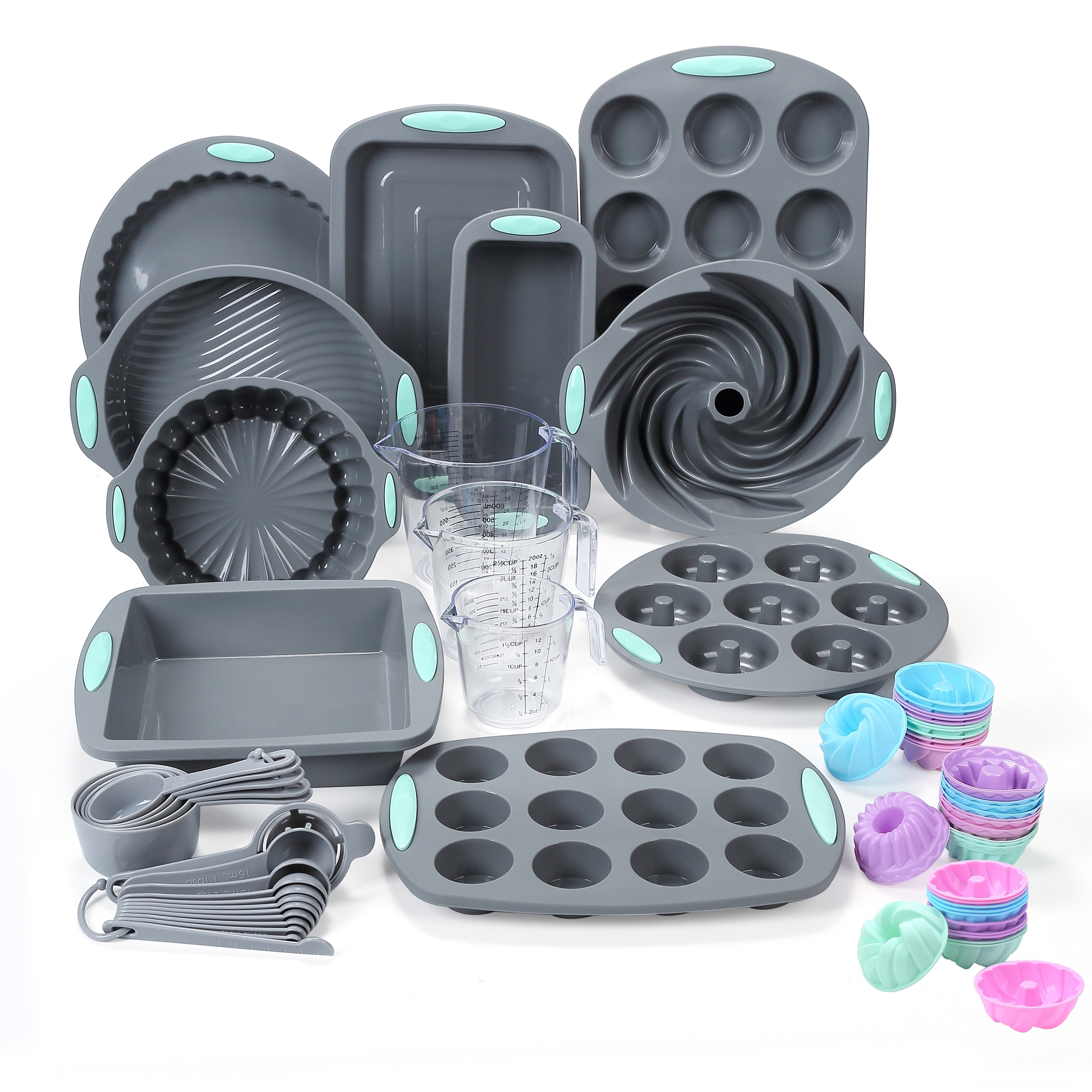 

66pcs-silicone Bakeware Set - Kitchen Oven Baking Pans, Cake Molds, And Muffin, Cookies, Cake, Donut, And Loaf Pans - Includes 24 Reusable Silicone Baking Cups And 17pcs Measuring Cups And Spoons Set