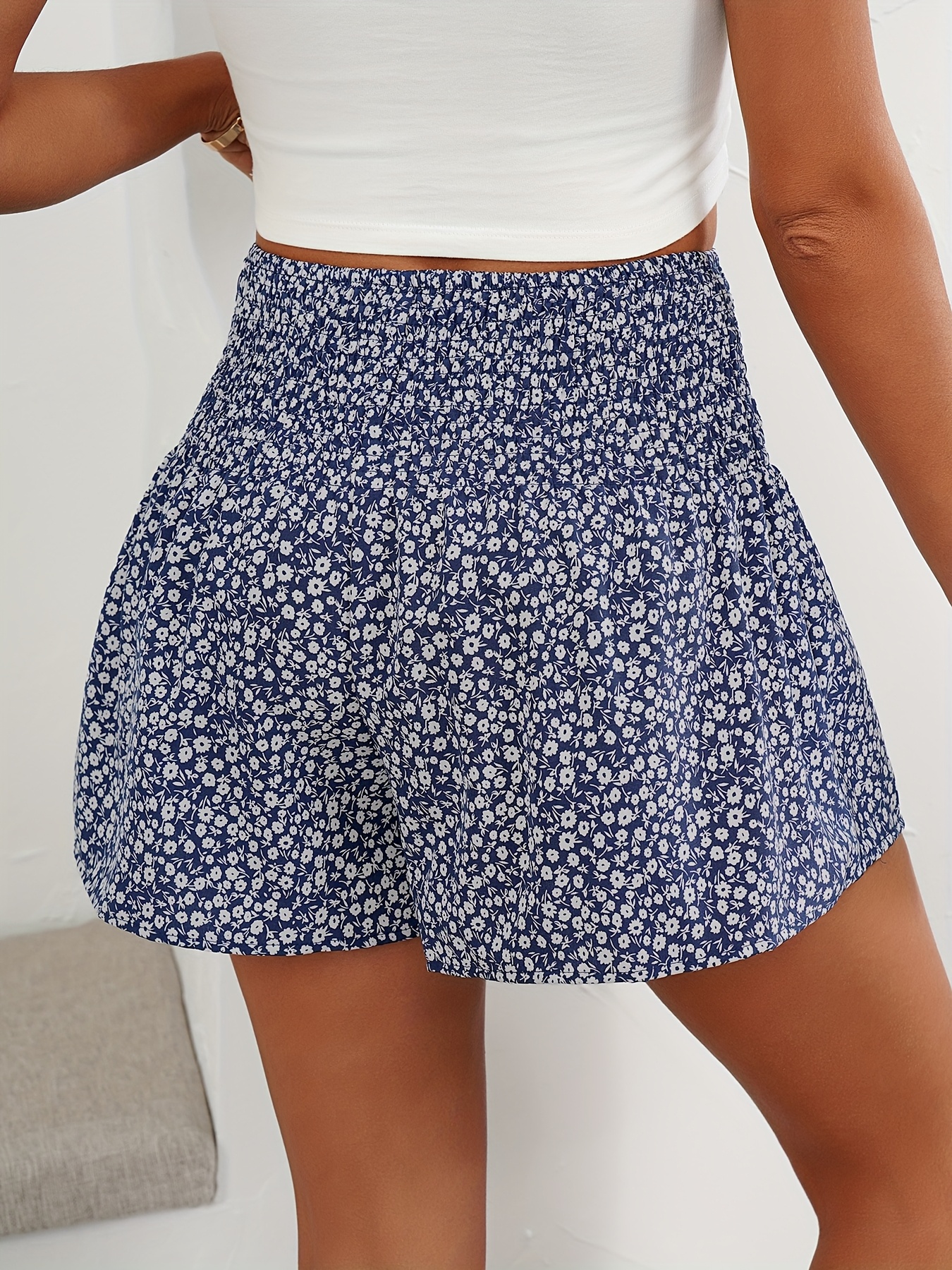 Women's High-Waisted Floral Print Shorts - Black & White Ditsy Pattern, Ruffled Hem, Stretchy & Comfortable Summer Fashion, Hand Wash Only, High Waisted Shorts