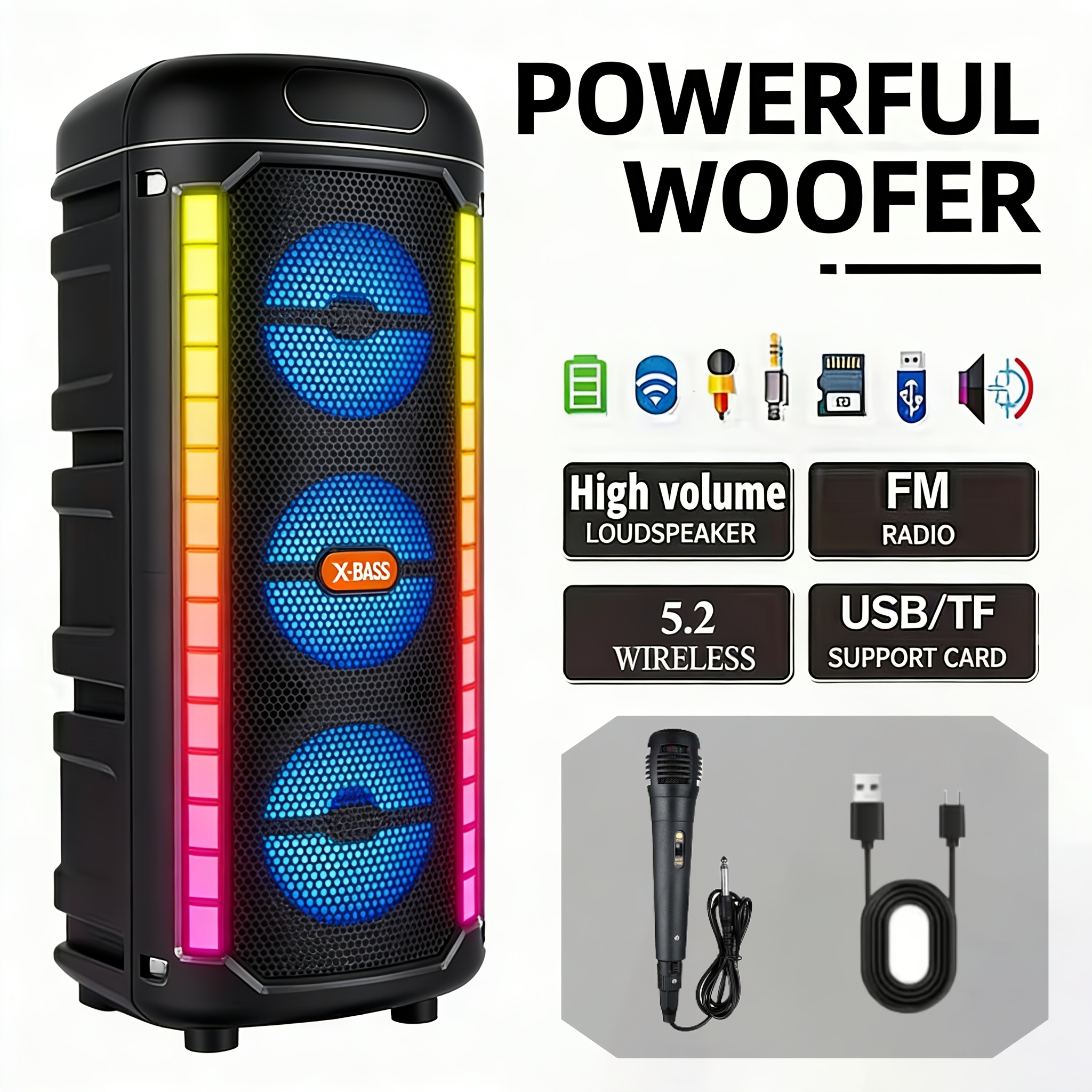 TEMU Bt Speakers Powerful, Triple Subwoofer Heavy , Includes Microphone, Wireless Outdoor Speaker, Large Speaker, Led Colorful Lights, , For Home,