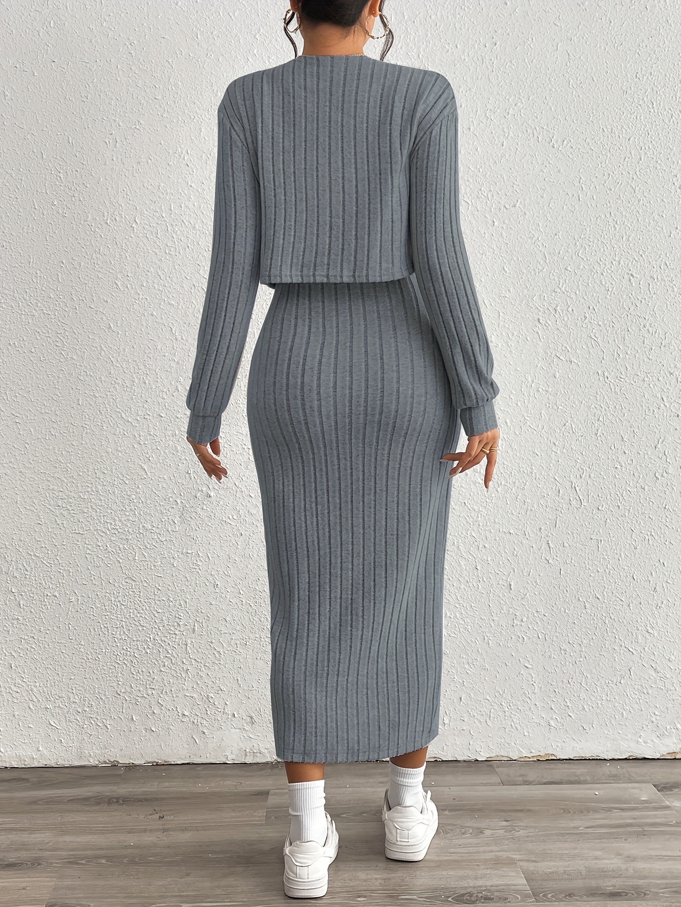 solid ribbed elegant dress set long sleeve open front - Temu Kazakhstan