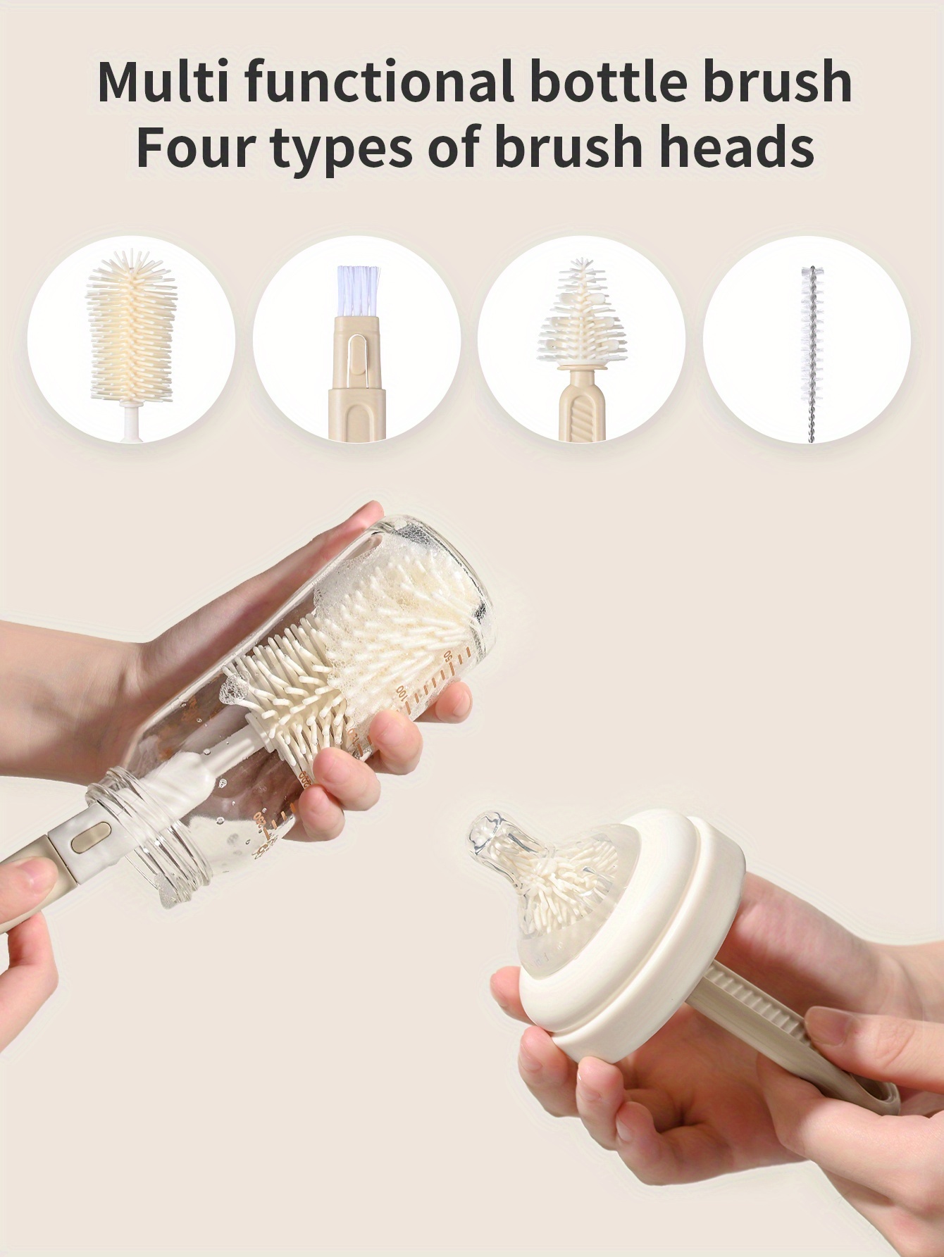 Silicone Bottle Brush Set, Including Handle, for Cleaning Nipple, Suction Straw and Cup Mouth