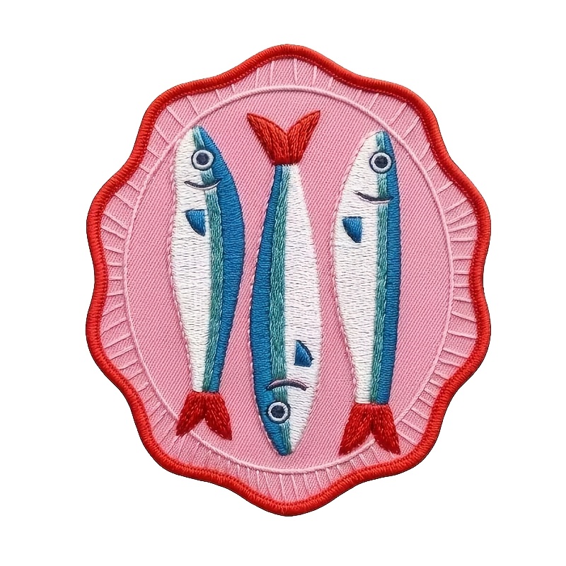 TEMU 1pc Cute Pink Embroidered Patch Iron-on Sew-on Scalloped Edge Fish Fabric Badges Retro Ocean Animal Applique For Backpacks Tote Bags Craft