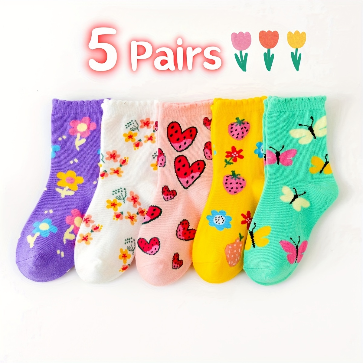 

5 Pairs Of Autumn And Winter Girls Cute Flower Fruit Butterfly Love Cartoon Color Socks Comfortable Elastic Breathable Soft Absorbent Spring And Autumn Seasons