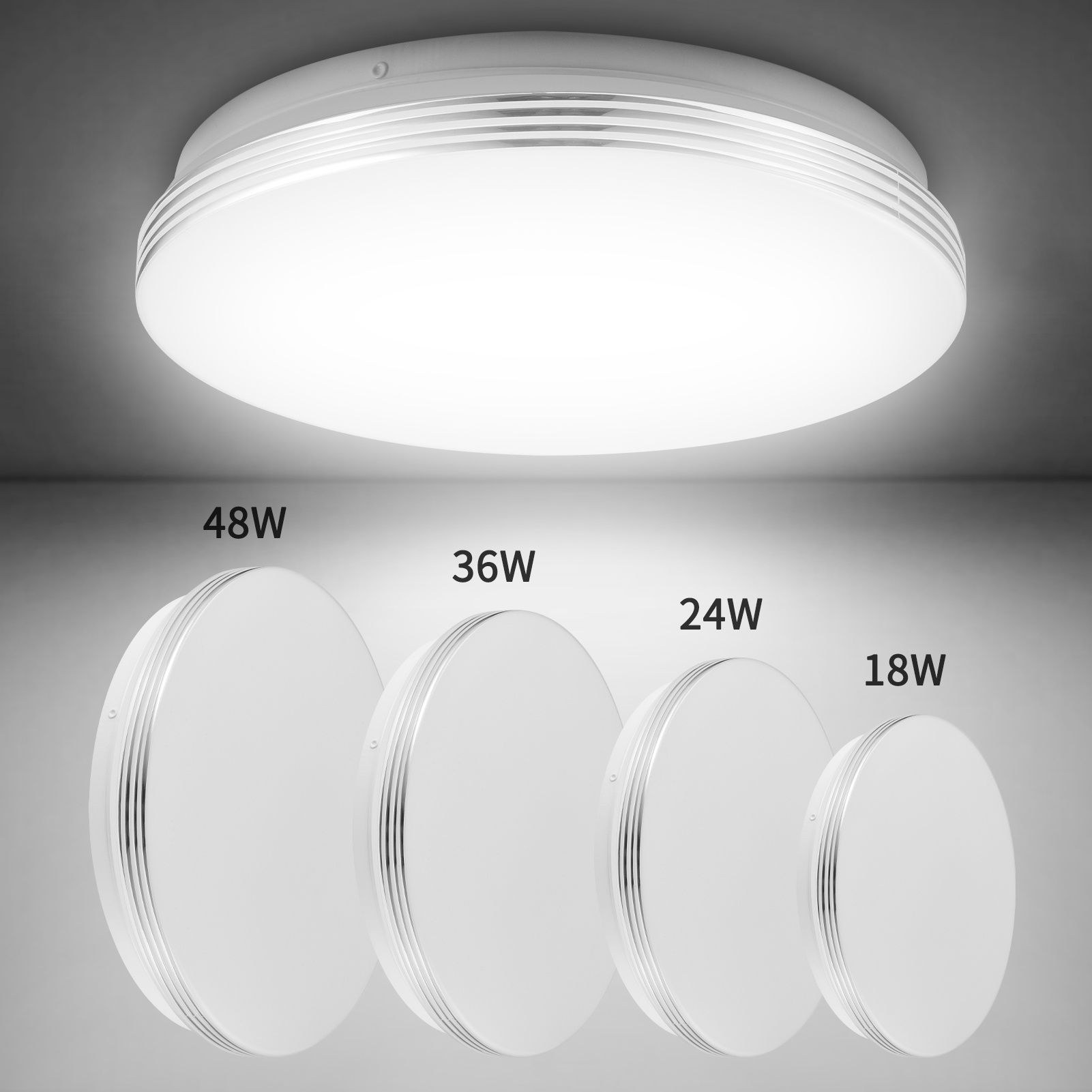 18w 24w 36w 48w round led ceiling light with silvery trim cool   mounted suitable for kitchens bedrooms stairwells   laundry rooms and walk in closets