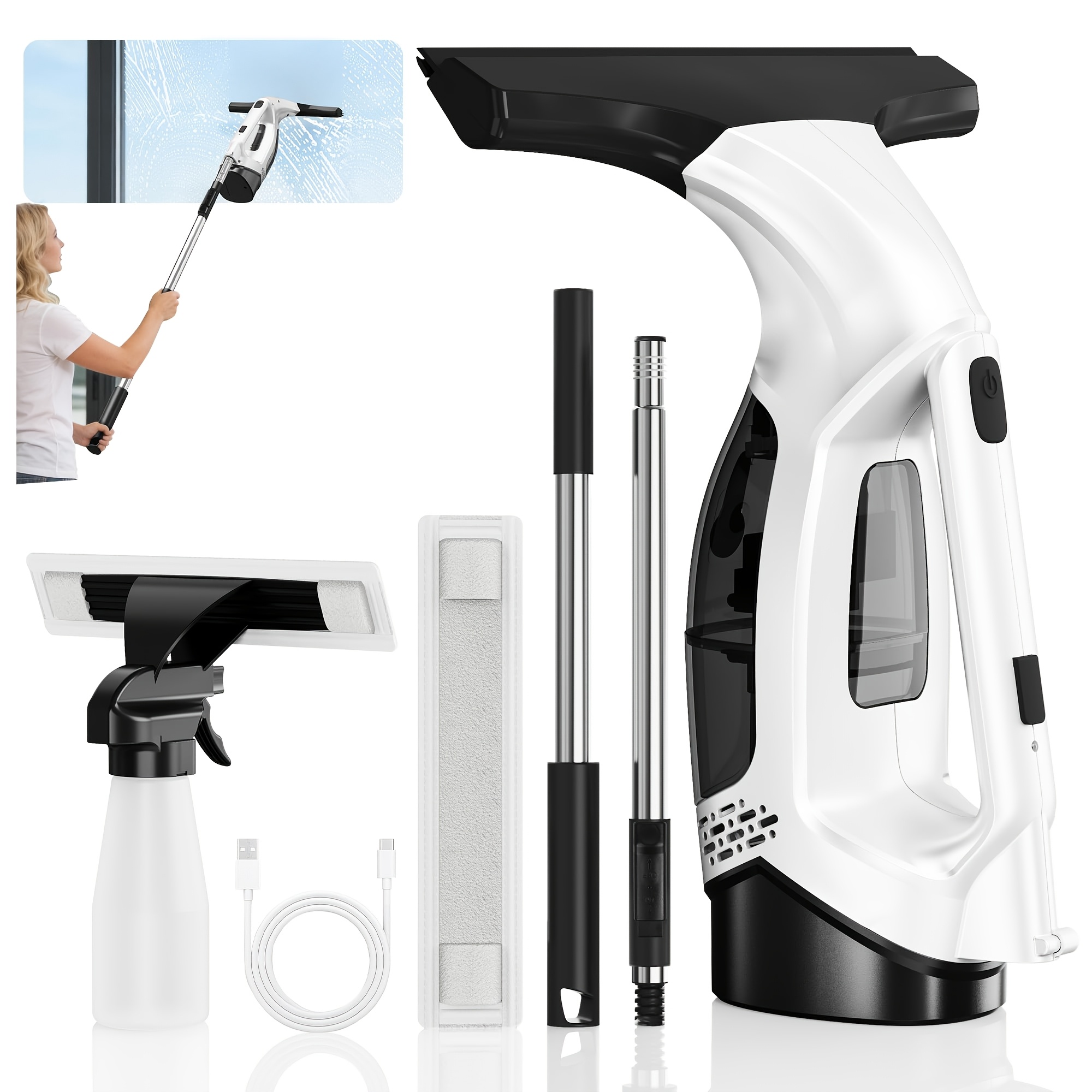 Image of Window Vacuum Squeegee With Extendable Pole 31-40", 2000pa Electric Window Cleaning Tool With 2200mah And 250ml Tank, Long Handle Squeegee For Shower Glass, Window Cleaning