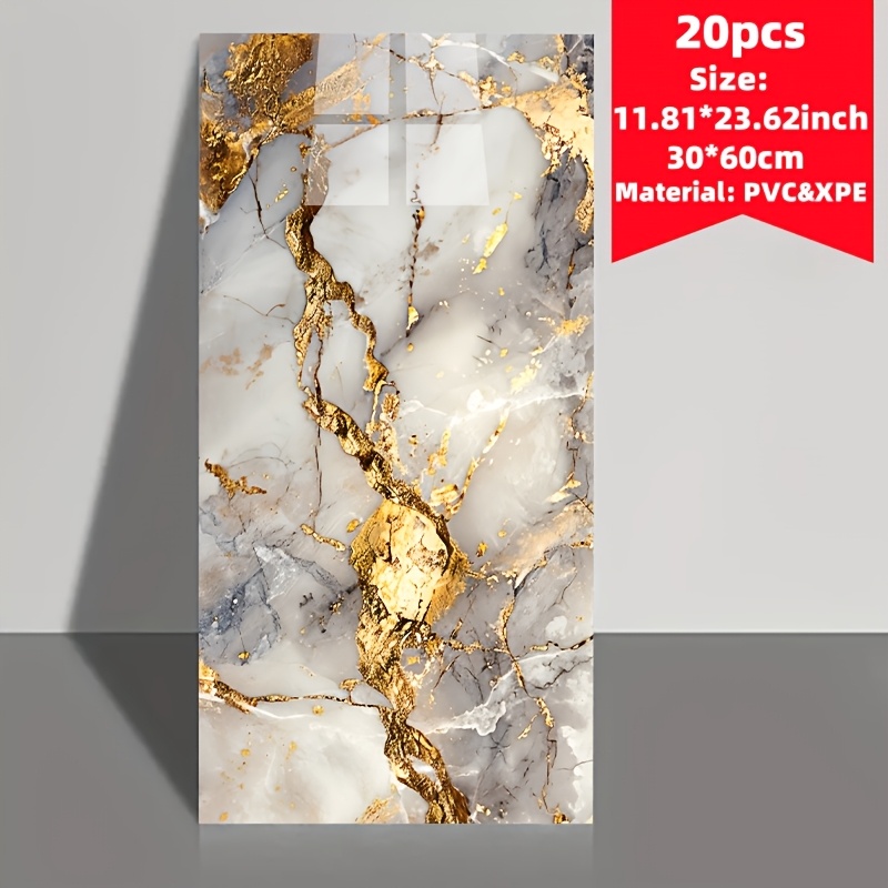 Image of 20pcs Set Of Marble Tile Wall Stickers, Cut , , Easy To Stick And Peel Off, Waterproof Self-adhesive Board, Used For Kitchen, Living Room, Bathroom, , Home And Dormitory, 23.62 * 11.8 Inches